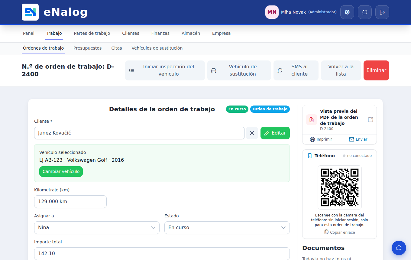 Podrobnosti delovnega naloga v eNalogu z vozilom, stanjem kilometrov, dodeljenim delavcem in QR kodo za telefon