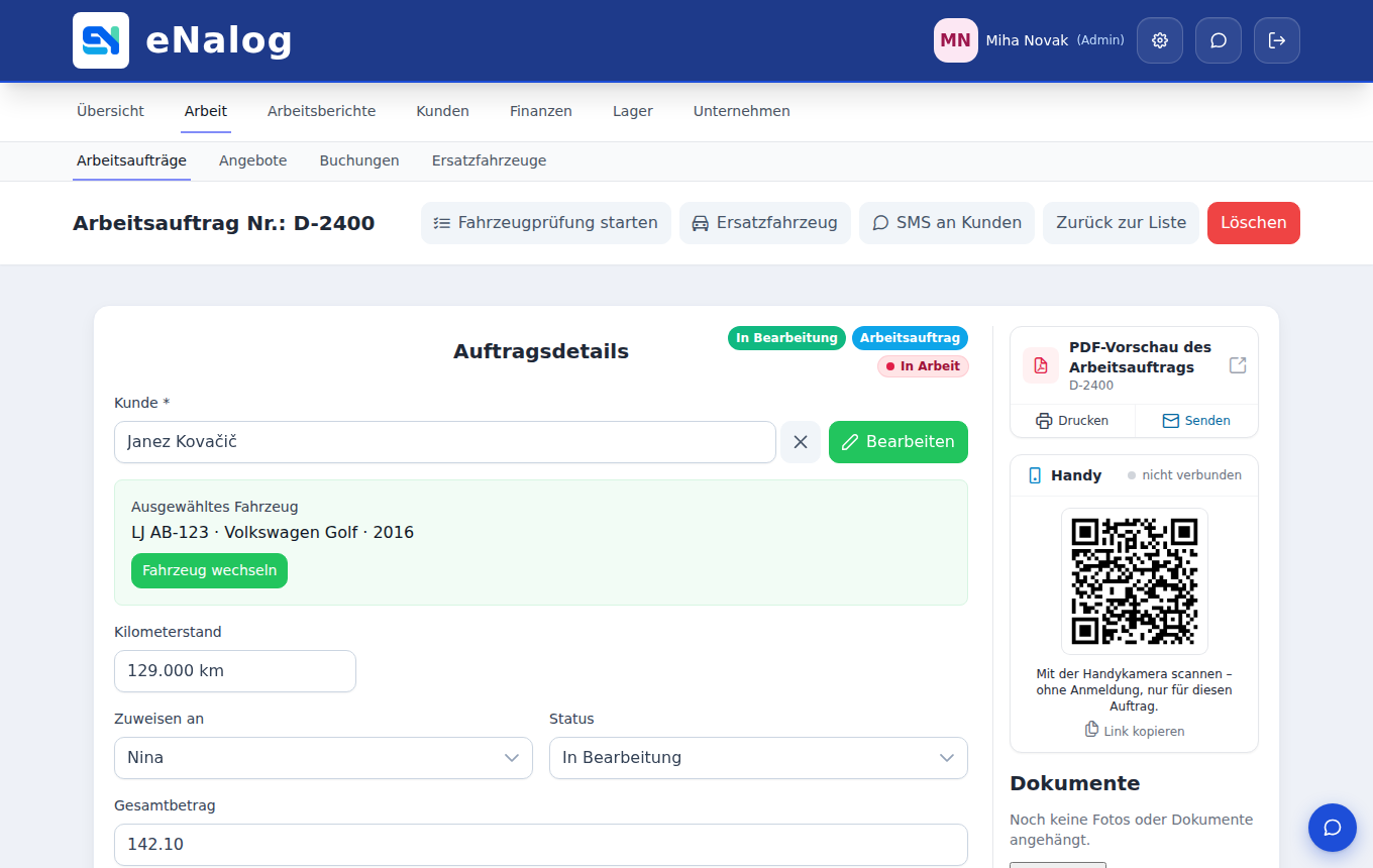 Podrobnosti delovnega naloga v eNalogu z vozilom, stanjem kilometrov, dodeljenim delavcem in QR kodo za telefon