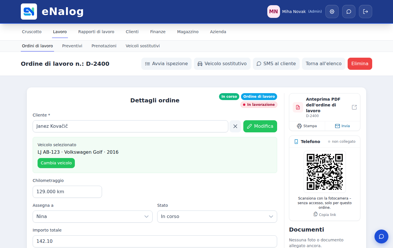 Podrobnosti delovnega naloga v eNalogu z vozilom, stanjem kilometrov, dodeljenim delavcem in QR kodo za telefon