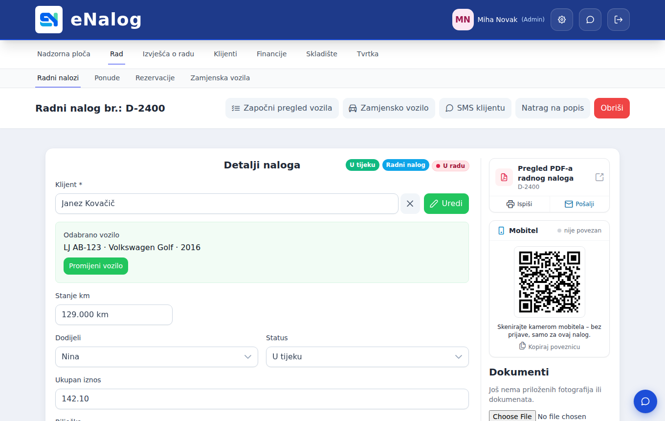 Podrobnosti delovnega naloga v eNalogu z vozilom, stanjem kilometrov, dodeljenim delavcem in QR kodo za telefon