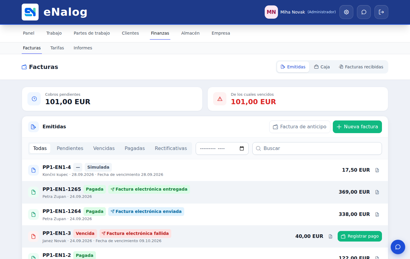 Izdani računi v eNalogu z odprtimi terjatvami, statusom plačila in e-računa