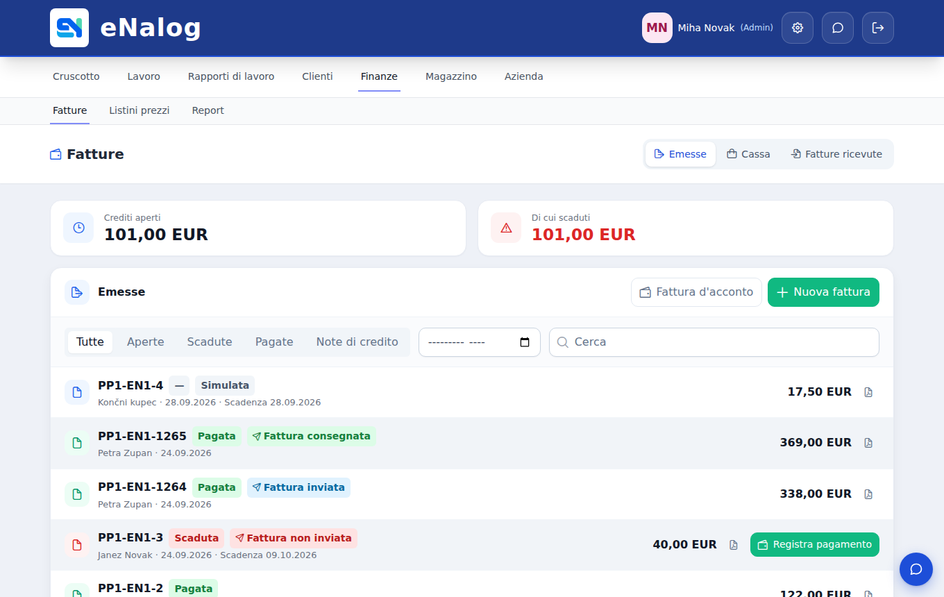 Izdani računi v eNalogu z odprtimi terjatvami, statusom plačila in e-računa