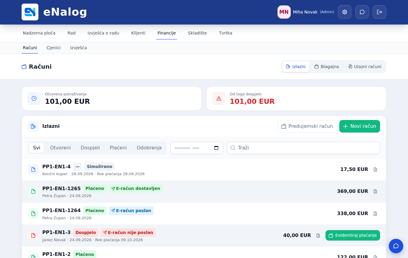 Izdani računi v eNalogu z odprtimi terjatvami, statusom plačila in e-računa