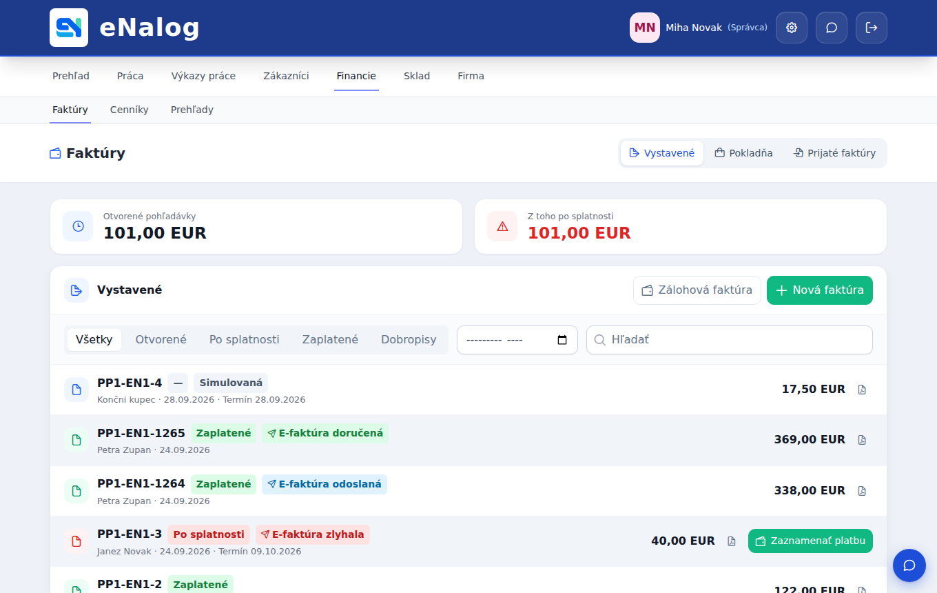 Izdani računi v eNalogu z odprtimi terjatvami, statusom plačila in e-računa