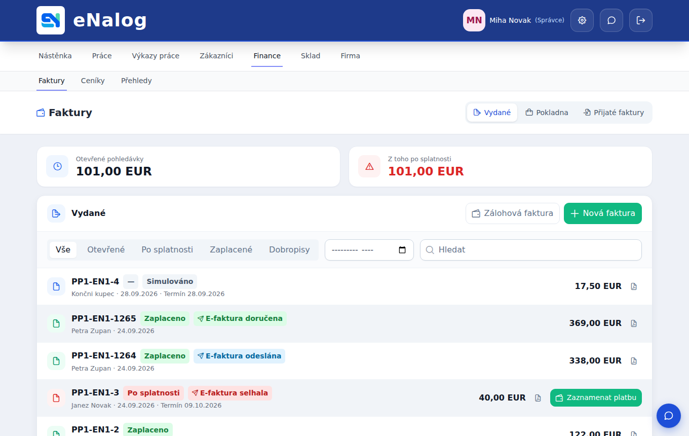 Izdani računi v eNalogu z odprtimi terjatvami, statusom plačila in e-računa