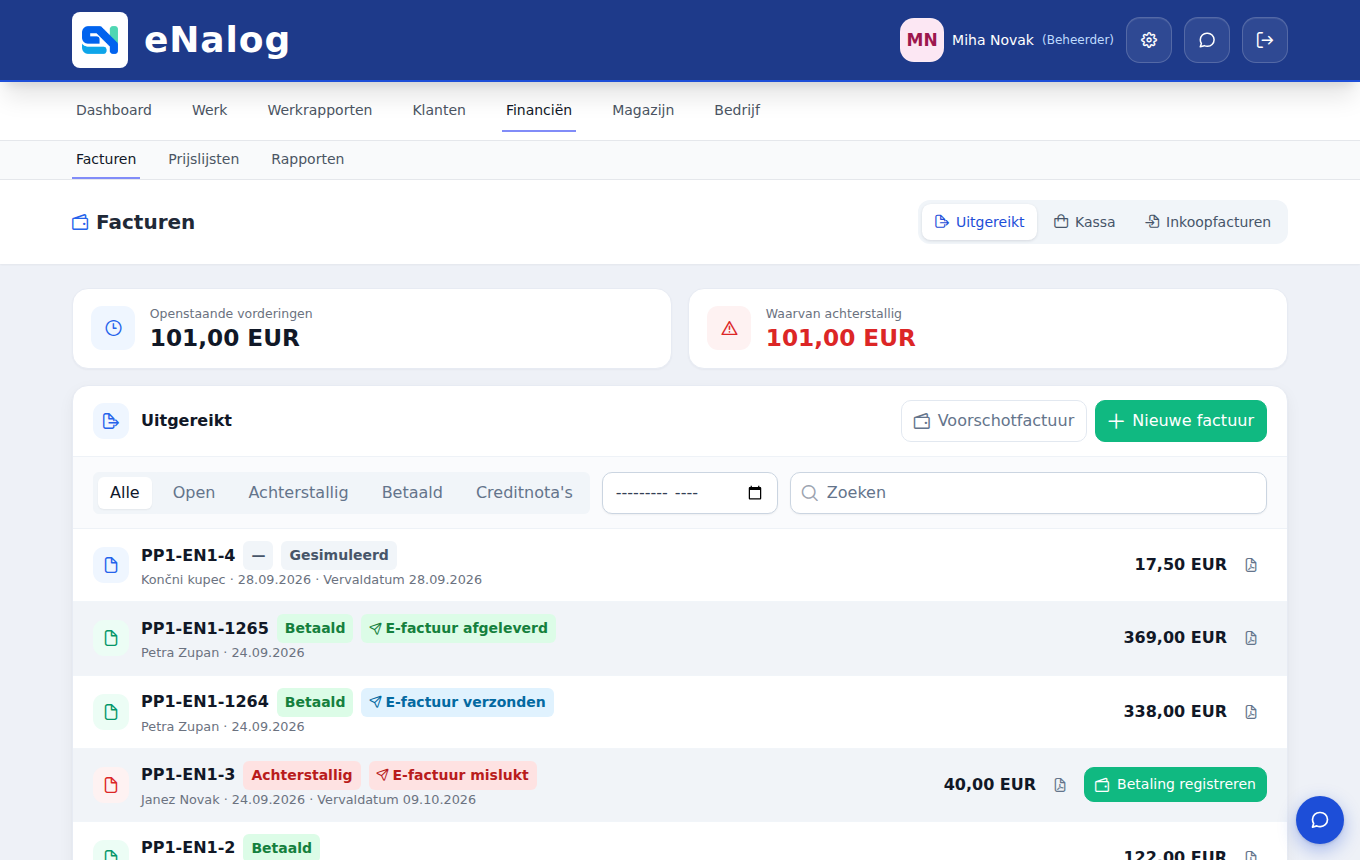 Izdani računi v eNalogu z odprtimi terjatvami, statusom plačila in e-računa